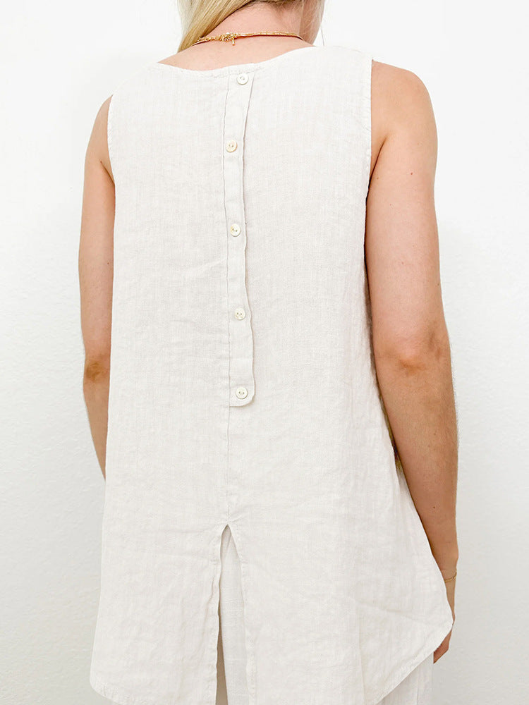 Crew Neck Linen Sleeveless Tank Top by painevida