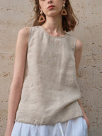 Crew Neck Linen Sleeveless Tank Top by painevida