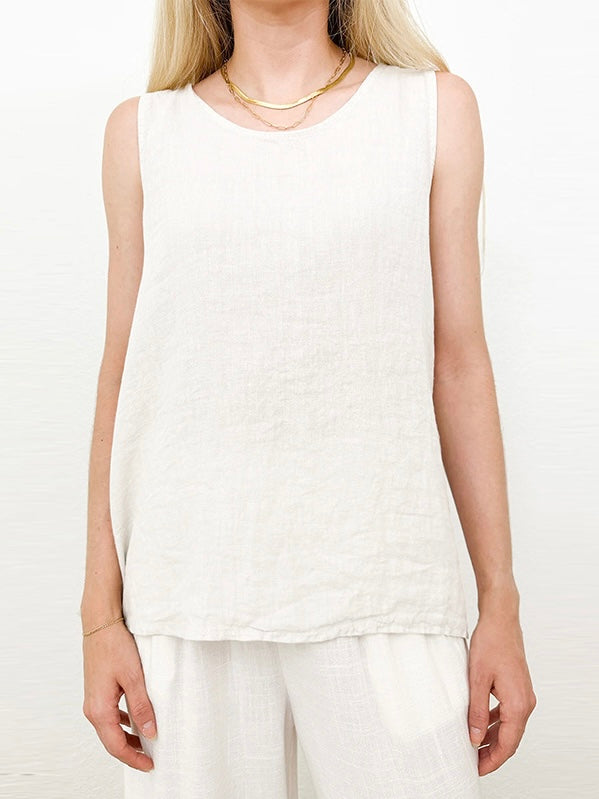 Crew Neck Linen Sleeveless Tank Top