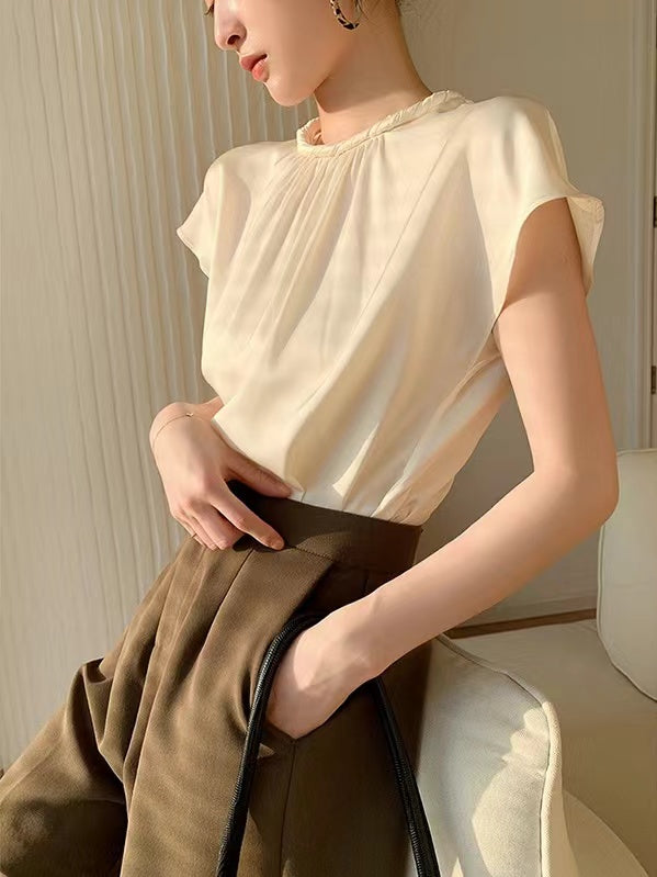 Retro Silk Ruffled Short Sleeve Shirt Top by painevida