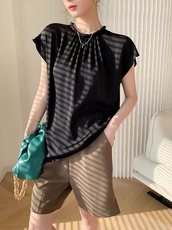 Retro Silk Ruffled Short Sleeve Shirt Top by painevida