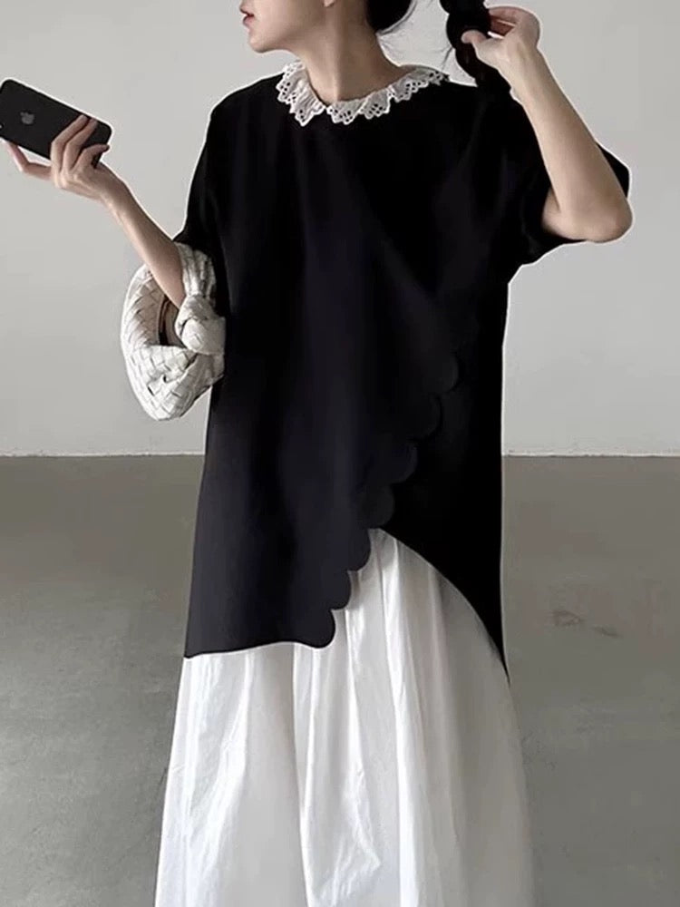 Round Neck Irregular Wave Lace Slit Short Sleeves Shirt by painevida