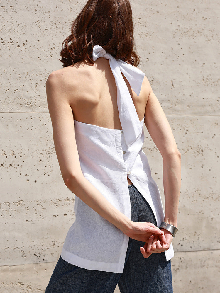 Halter Neck Backless Linen Vest by painevida