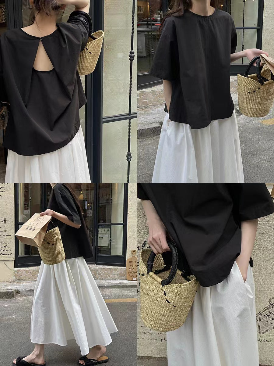 Back Hollow Round Neck Simple T-Shirt - PAINEVIDA