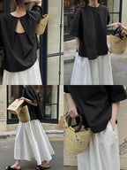 Back Hollow Round Neck Simple T-Shirt - PAINEVIDA