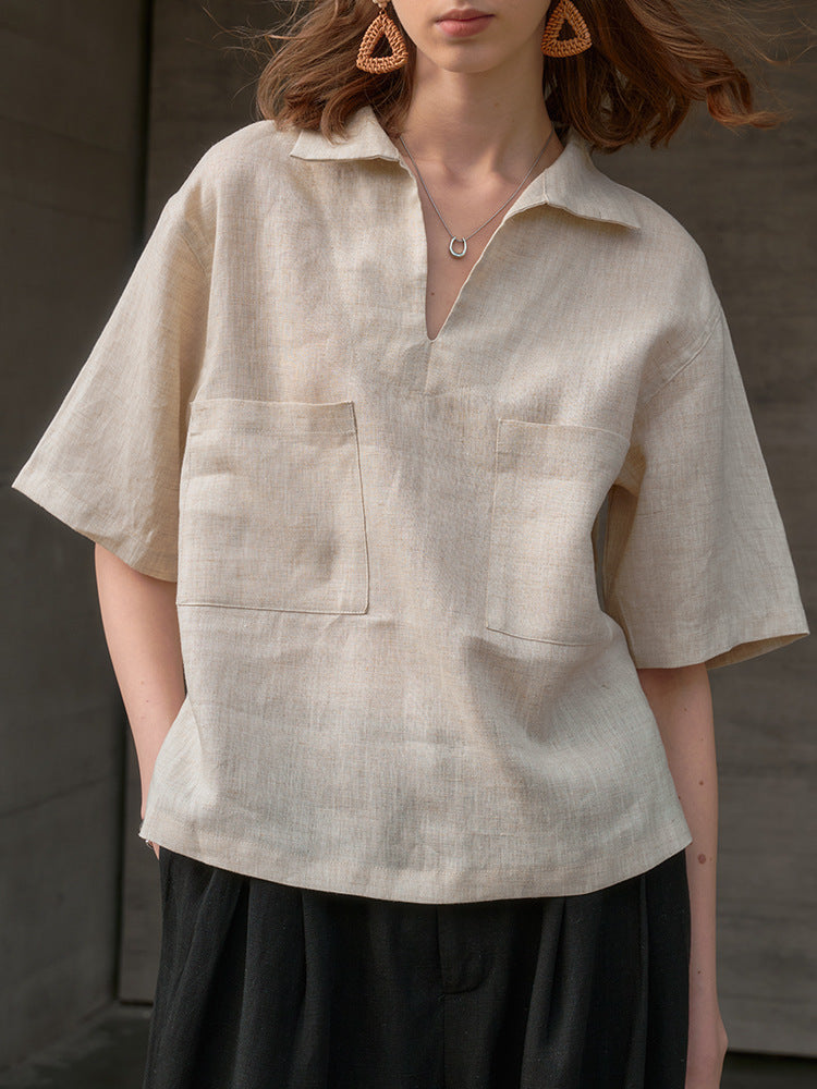 Lapel Linen Short Sleeve Shirt by painevida