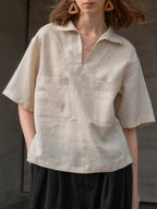 Lapel Linen Short Sleeve Shirt by painevida