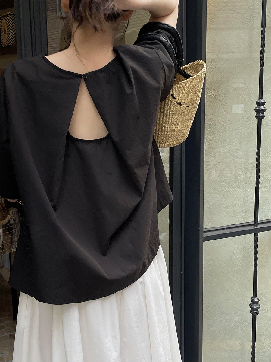 Back Hollow Round Neck Simple T-Shirt - PAINEVIDA