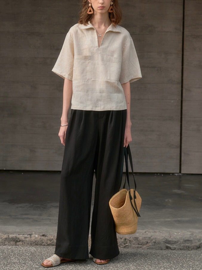Lapel Linen Short Sleeve Shirt by painevida