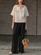 Lapel Linen Short Sleeve Shirt by painevida