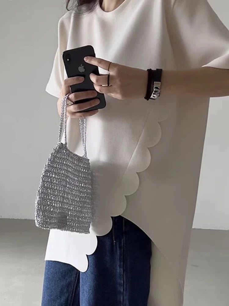 Round Neck Irregular Wave Lace Slit Short Sleeves Shirt by painevida
