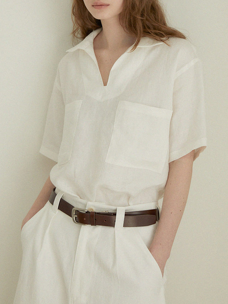 Lapel Linen Short Sleeve Shirt by painevida