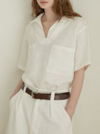 Lapel Linen Short Sleeve Shirt by painevida