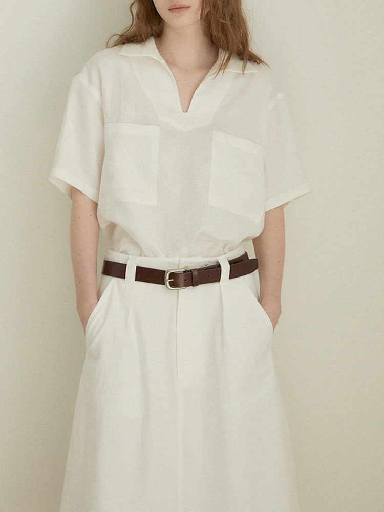 Lapel Linen Short Sleeve Shirt by painevida