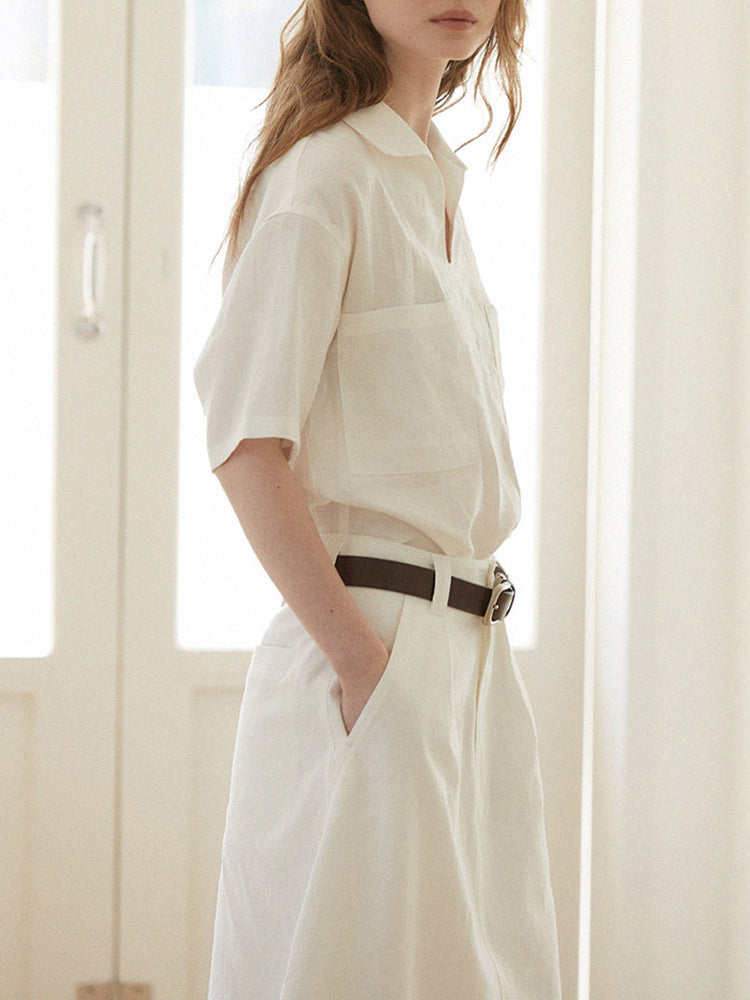 Lapel Linen Short Sleeve Shirt by painevida