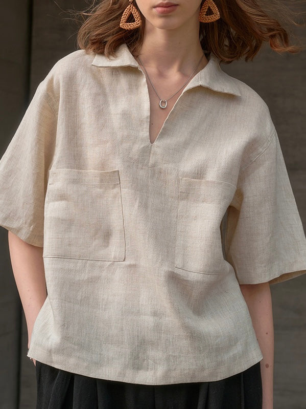 Lapel Linen Short Sleeve Shirt by painevida
