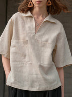 Lapel Linen Short Sleeve Shirt by painevida