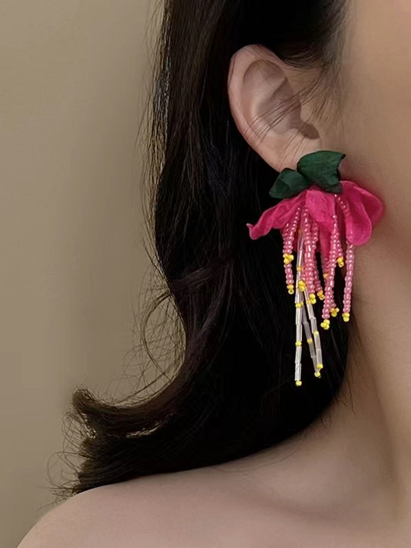 Silver Pin Flower Beaded Tassel Earrings