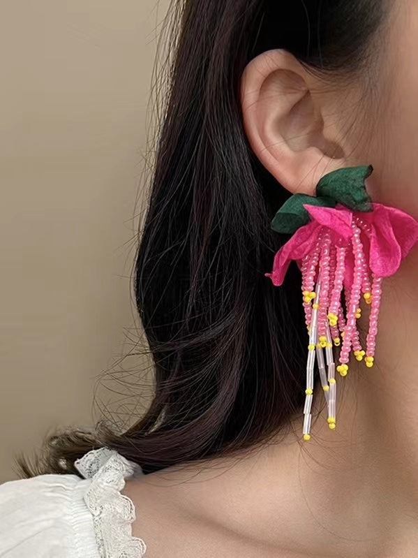 Silver Pin Flower Beaded Tassel Earrings