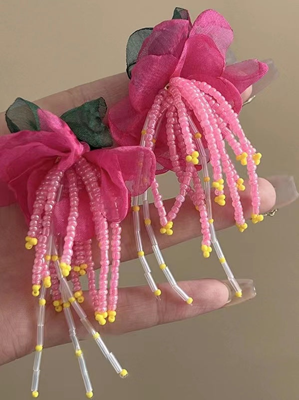 Silver Pin Flower Beaded Tassel Earrings - PAINEVIDA