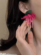 Silver Pin Flower Beaded Tassel Earrings - PAINEVIDA