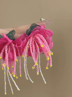 Silver Pin Flower Beaded Tassel Earrings - PAINEVIDA