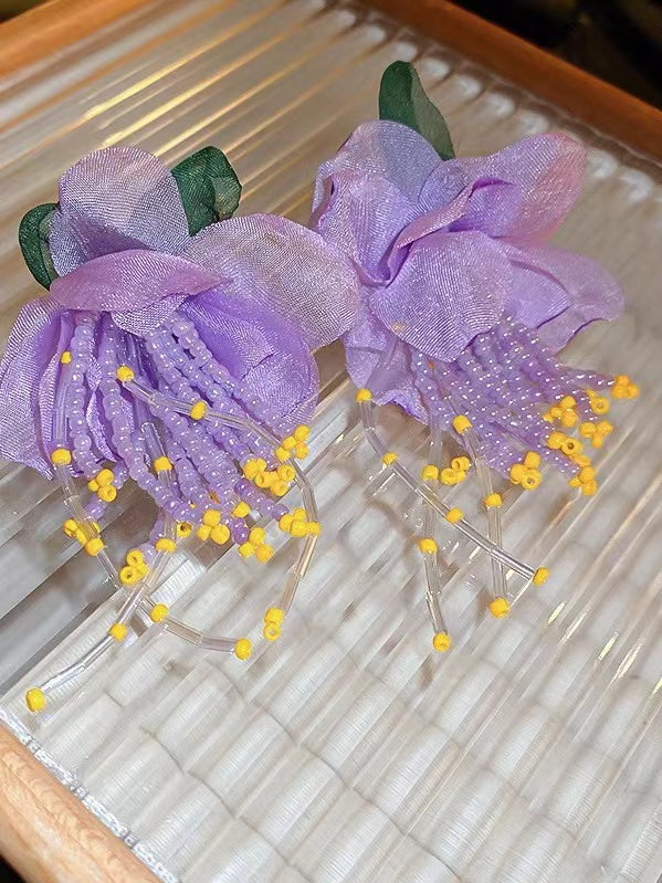 Silver Pin Flower Beaded Tassel Earrings - PAINEVIDA