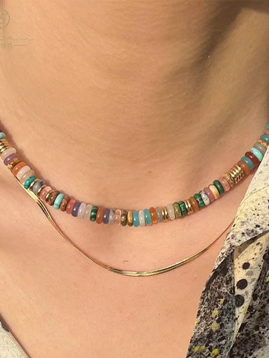 Natural Stone Colorful Frisbee Necklace