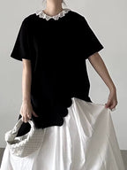 Round Neck Irregular Wave Lace Slit Short Sleeves Shirt by painevida