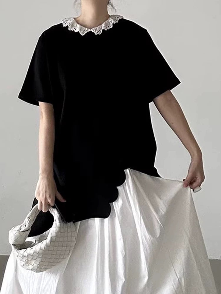 Round Neck Irregular Wave Lace Slit Short Sleeves Shirt by painevida