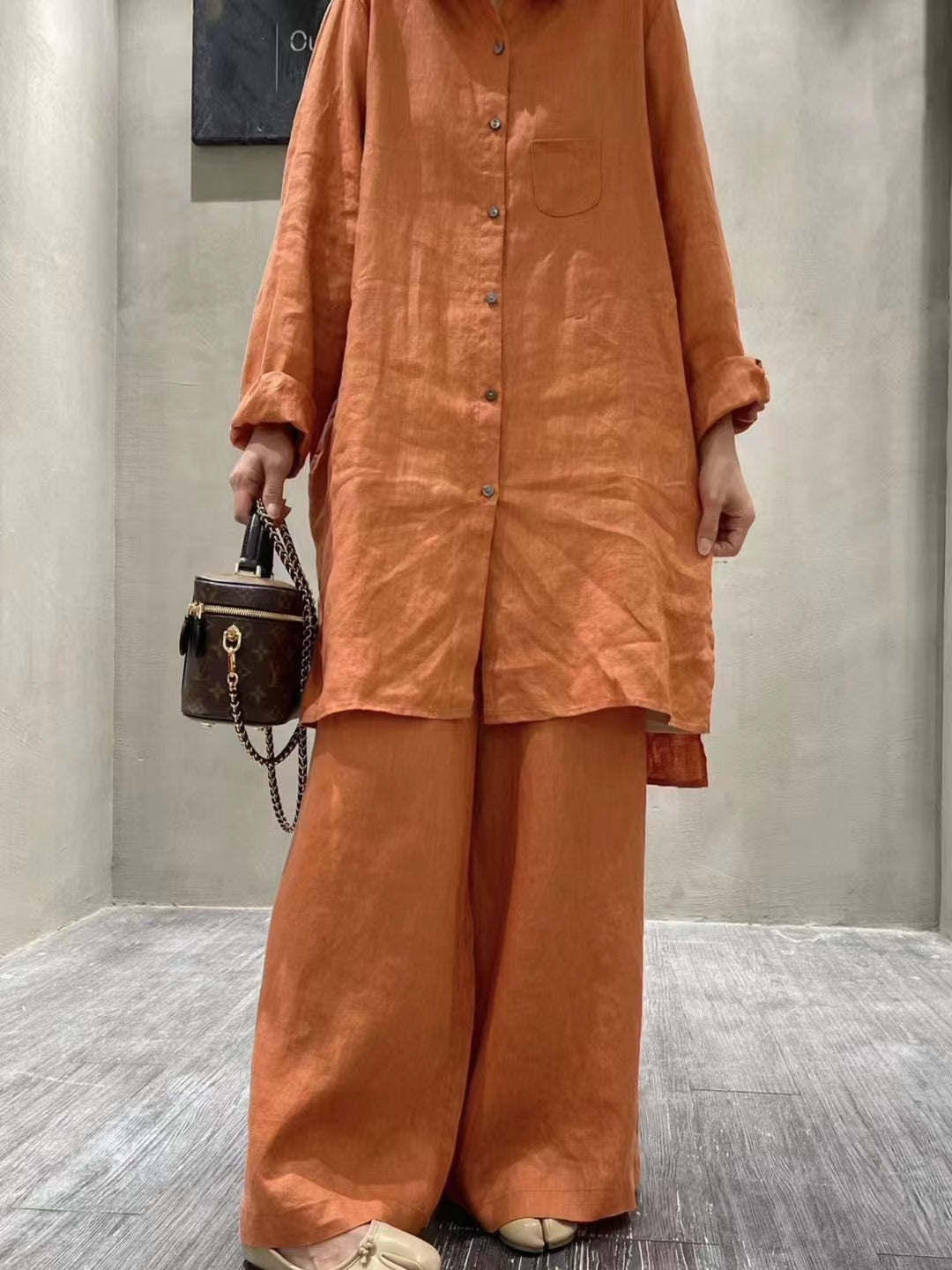 Retro Cotton Shirt&Wide-Leg Pants 2 Sets Suit