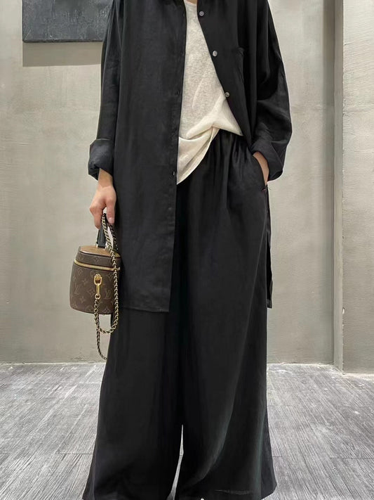 Retro Cotton Shirt&Wide-Leg Pants 2 Sets Suit - PAINEVIDA