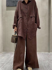 Linen Loose Shirt &Wide-Leg Pants 2-Pieces Suit