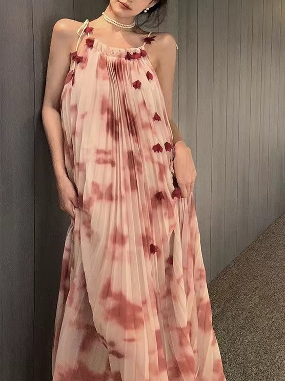 Tie-Dye Big Hem Ruffled Sling Dress