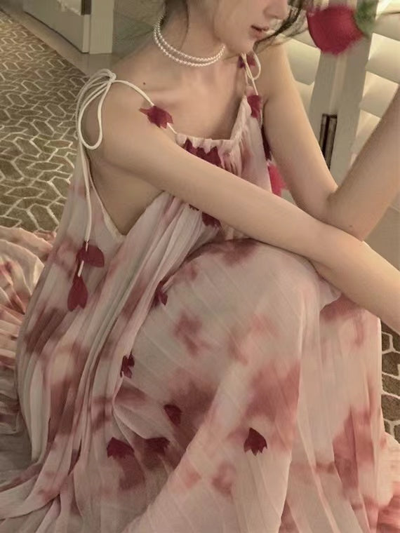 Tie-Dye Big Hem Ruffled Sling Dress