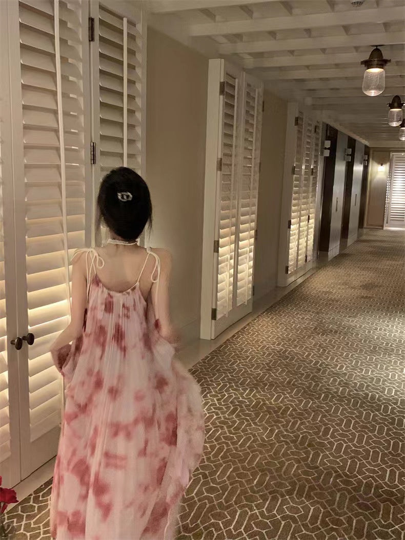 Tie-Dye Big Hem Ruffled Sling Dress