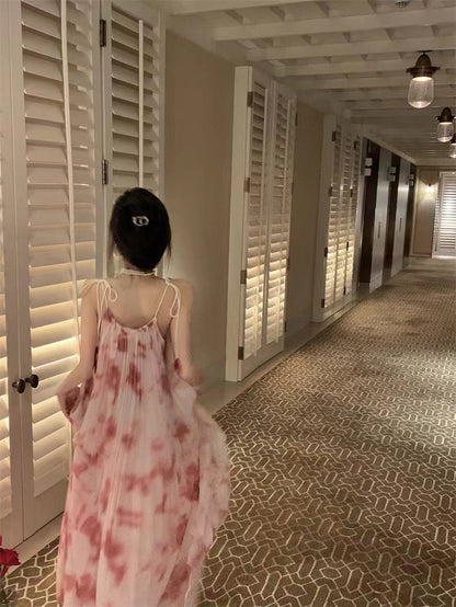 Tie-Dye Big Hem Ruffled Sling Dress
