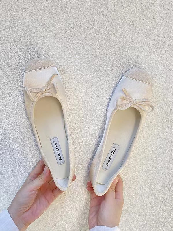 Stitching Color Bow Ballet Flat Shoes - PAINEVIDA
