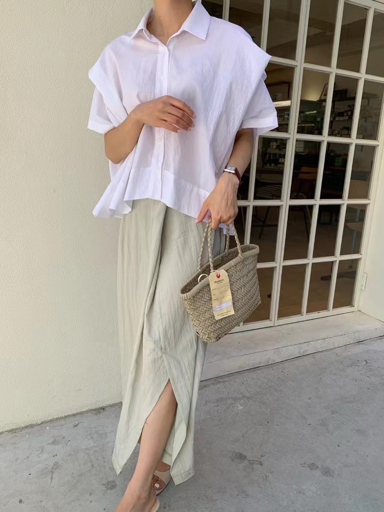Simple Lapel Loose Irregular Shirt & Slit Skirt suit - PAINEVIDA
