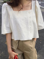 Square Neck Side Button Cropped Shirt by painevida