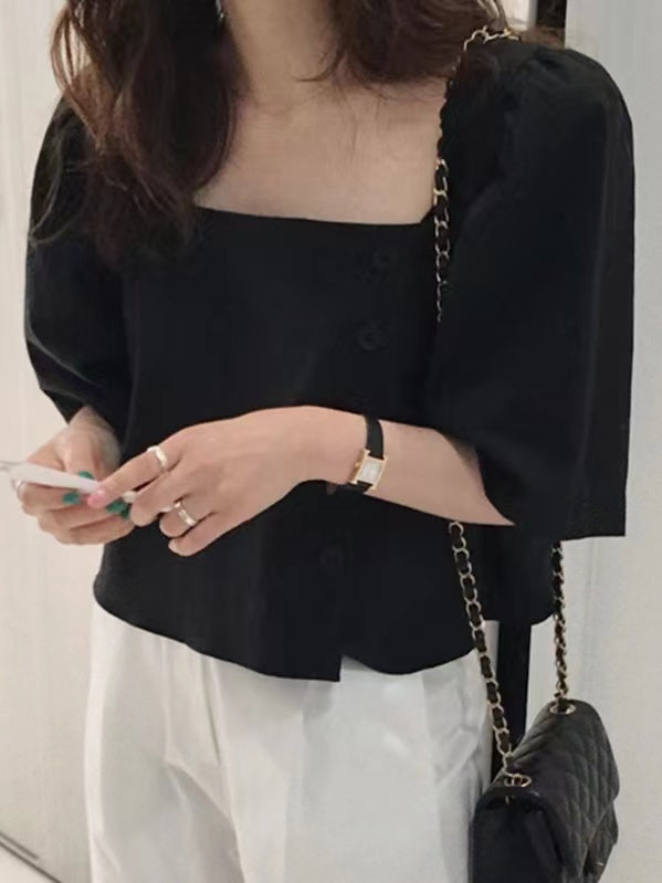 Square Neck Side Button Cropped Shirt by painevida