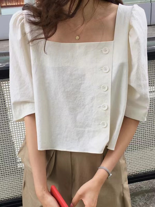 Square Neck Side Button Cropped Shirt by painevida