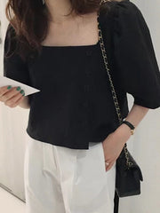 Square Neck Side Button Cropped Shirt