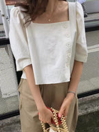 Square Neck Side Button Cropped Shirt by painevida
