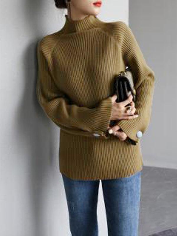 Simple Loose Solid Color High-Neck Sweater by painevida