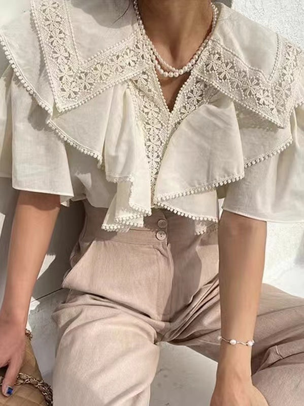 French Retro Lace Hollow Lace Stitching Casual Top by painevida