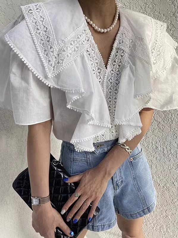 French Retro Lace Hollow Lace Stitching Casual Top - PAINEVIDA