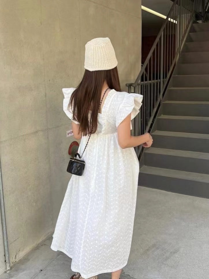 French Gentle White Polka Dot Small Flying Sleeve Dress - PAINEVIDA