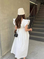 French Gentle White Polka Dot Small Flying Sleeve Dress - PAINEVIDA