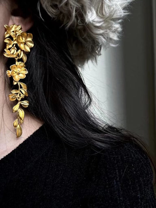 Gold Flower Long Leaf Earrings